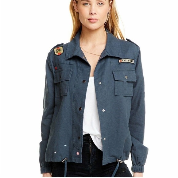 NWT Chaser vintage canvas Black military jacket w/patches Chill-out Feels Hart M - Picture 5 of 10